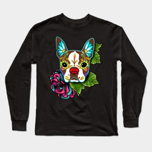 Boston Terrier in Red - Day of the Dead Sugar Skull Dog Long Sleeve T-Shirt